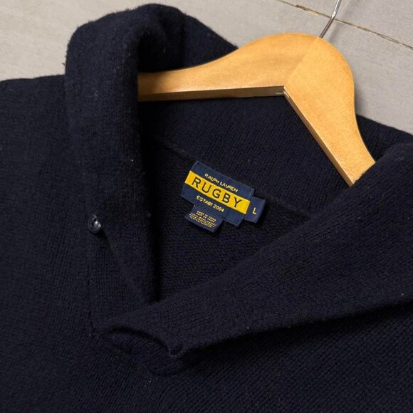 Ralph Lauren Rugby Sweater Navy Blue 100% Wool Shawl Elbow Pads‎ Men’s Large - Picture 2 of 7